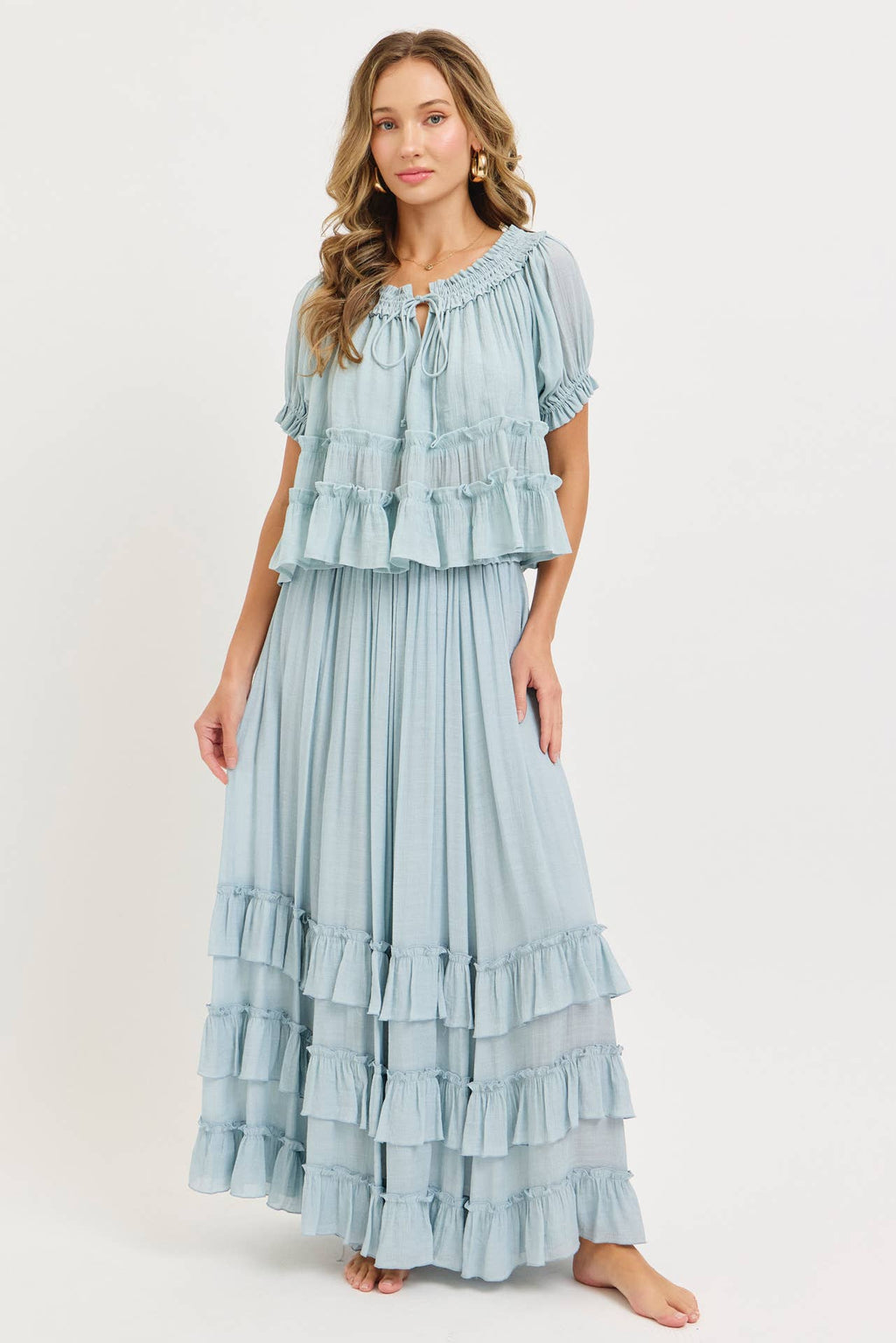 EASY FLOWY TIERED RUFFLE MAXI SKIRT