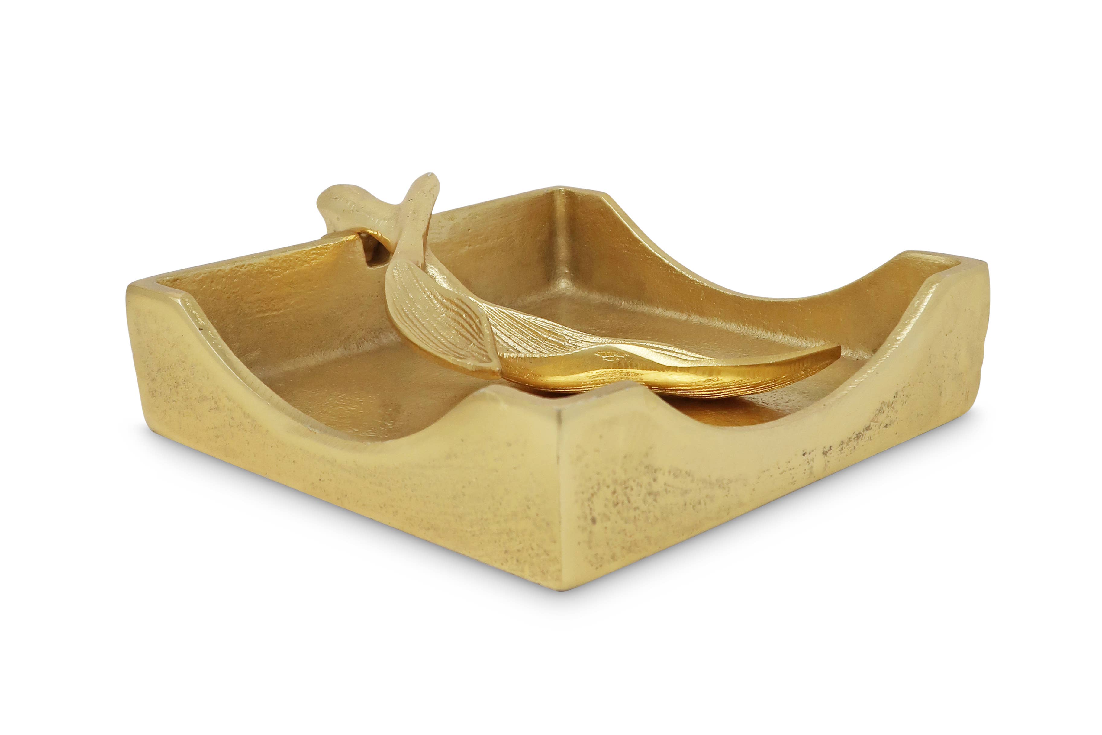 Gold Square Napkin Holder with Leaf Tong