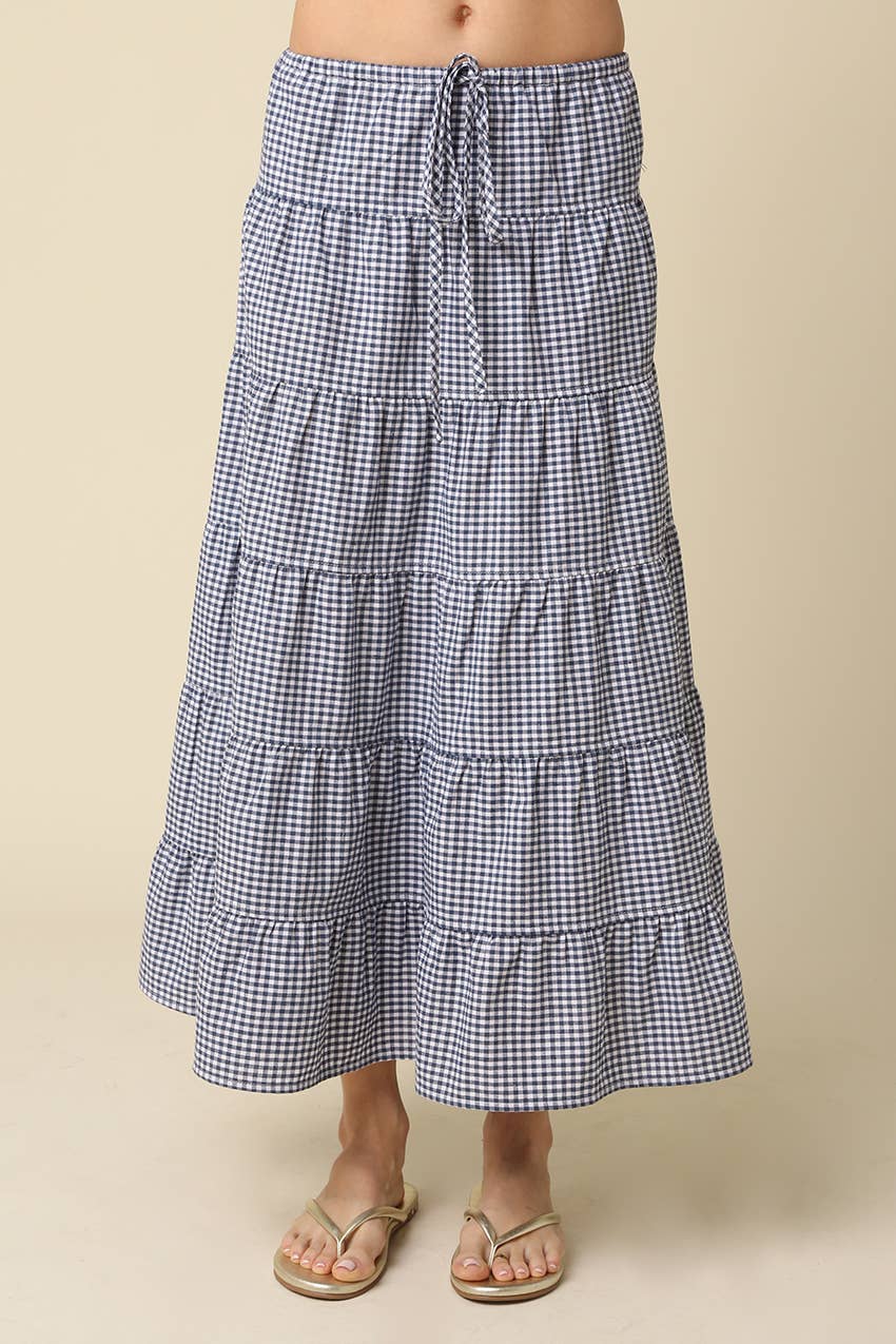 Jasmine Gingham Drawstring Tiered Maxi Skirt