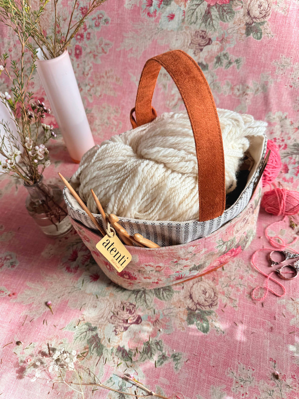 Rosewood Caddy– Handmade USA Floral Yarn & Notions Organizer, Atenti Project Bag