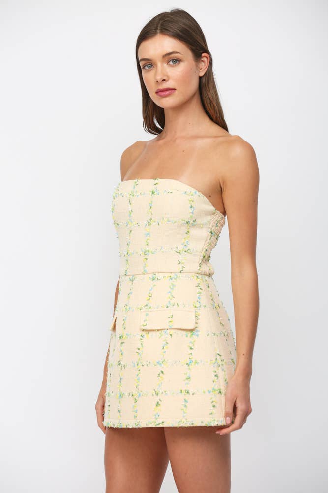 STRAPLESS TWEED DRESS WITH FRONT FAUX POCKETS  FD31394