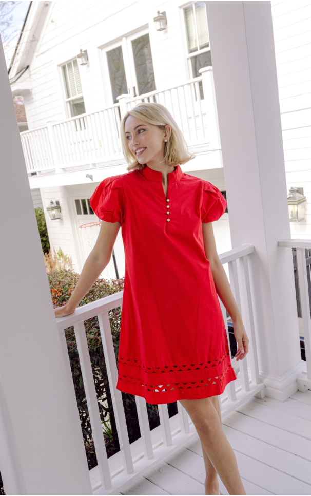 Button Front Puff Sleeve Mini Dress 