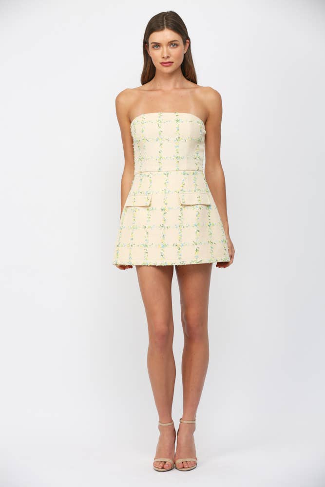 STRAPLESS TWEED DRESS WITH FRONT FAUX POCKETS  FD31394