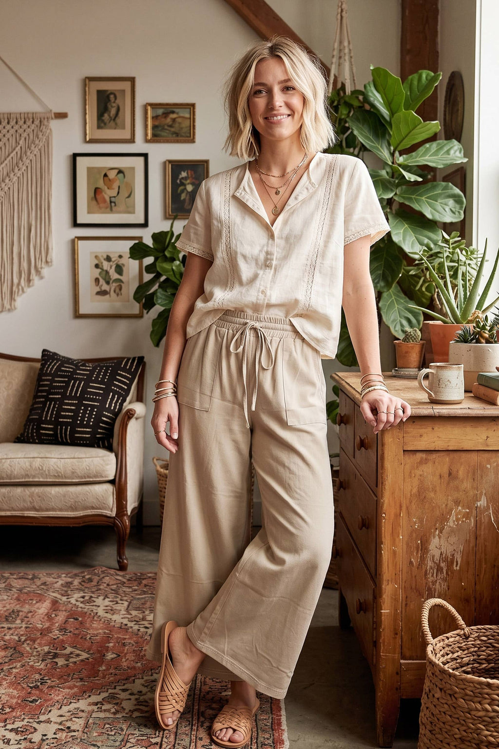 Relaxed Wide Leg Drawstring Knit Pants