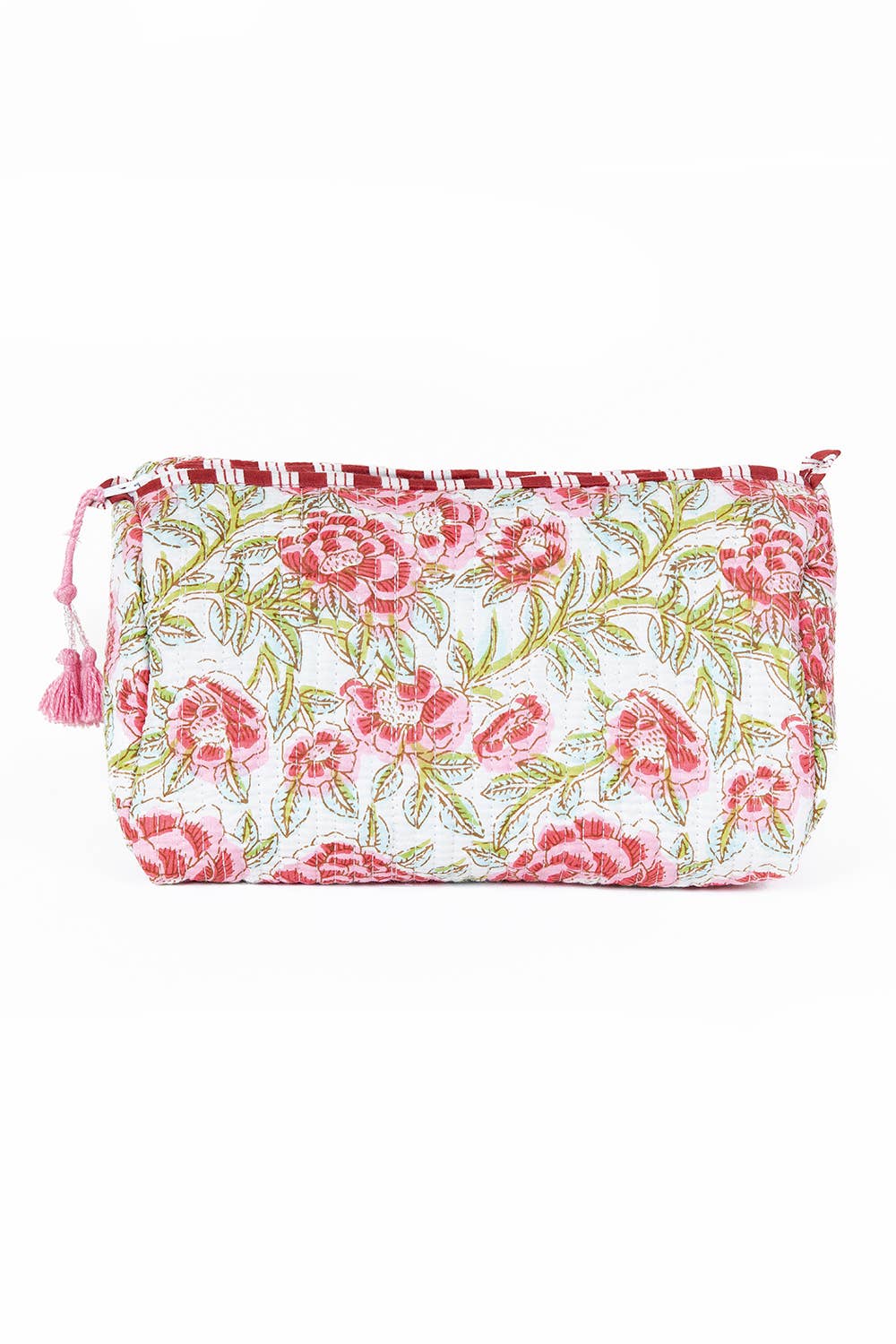 White with Red Floral print Quilted Cotton Toiletry Bag Set