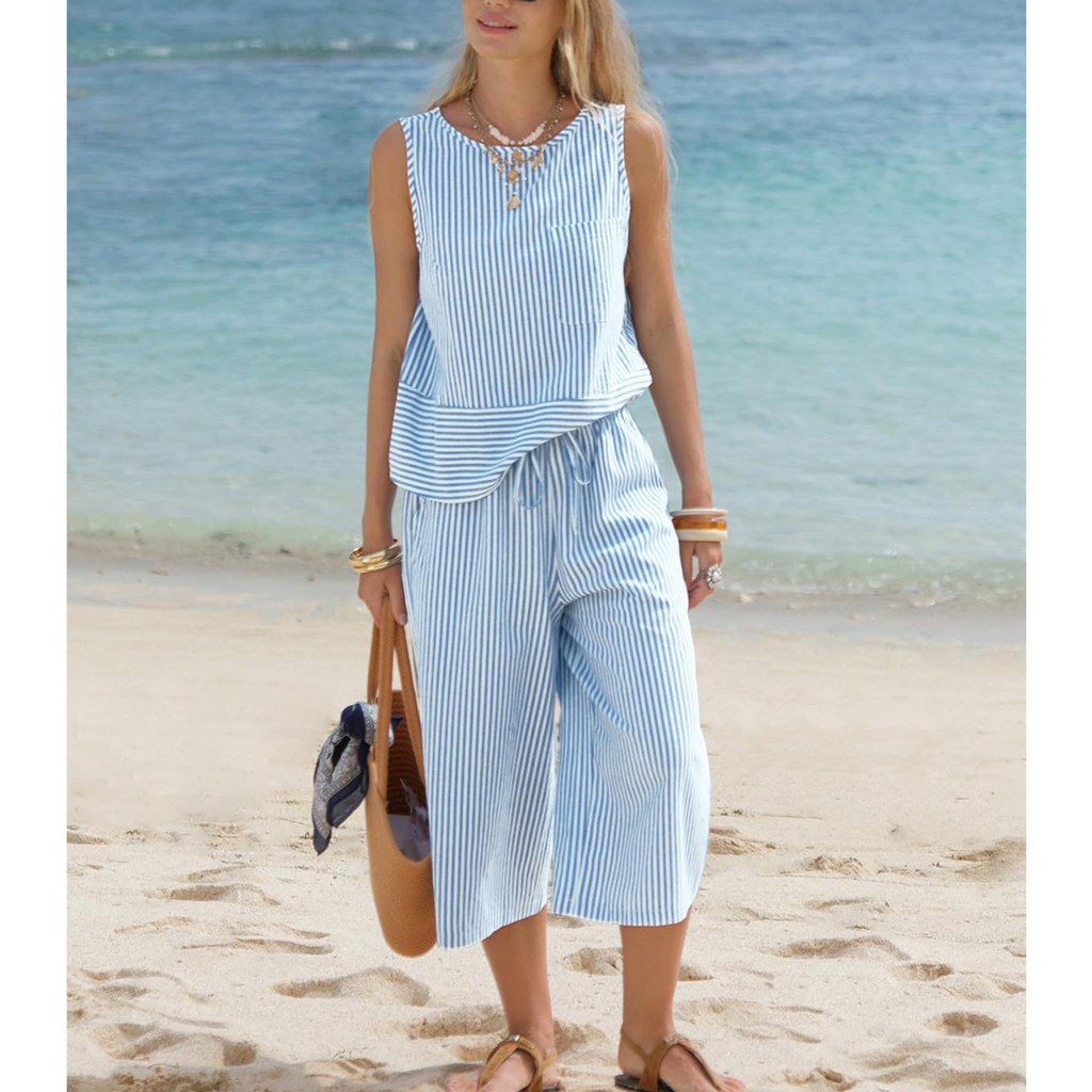 Round Neck Striped Sleeveless Top & Cropped Pants Set AXY047