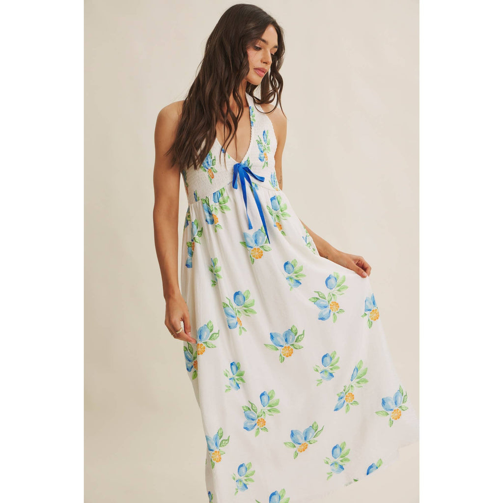 AMALFI COAST VIBE SMOCKED FLARE HALTER LEMON MIDI DRESS