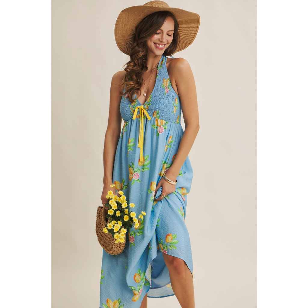 AMALFI COAST VIBE SMOCKED FLARE HALTER LEMON MIDI DRESS