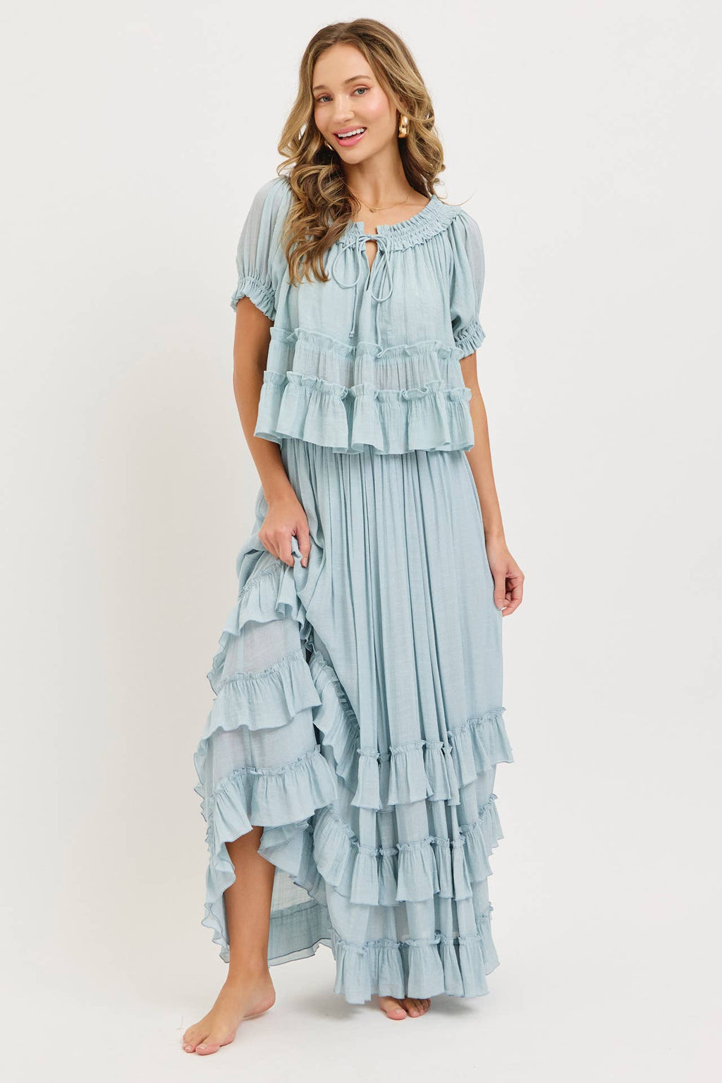 EASY FLOWY TIERED RUFFLE MAXI SKIRT
