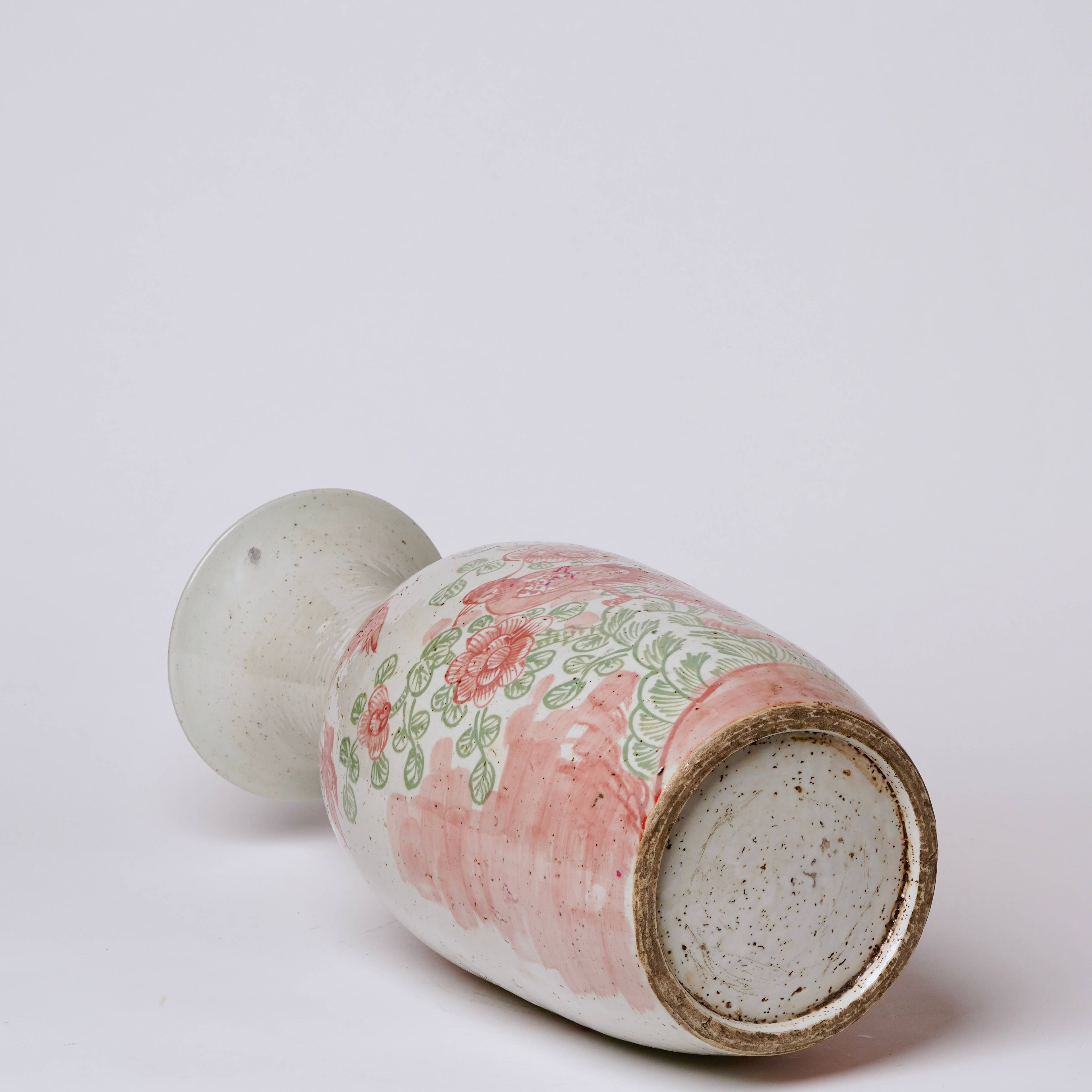 Large Pink and Green Bird and Flower Porcelain Mallet Vase