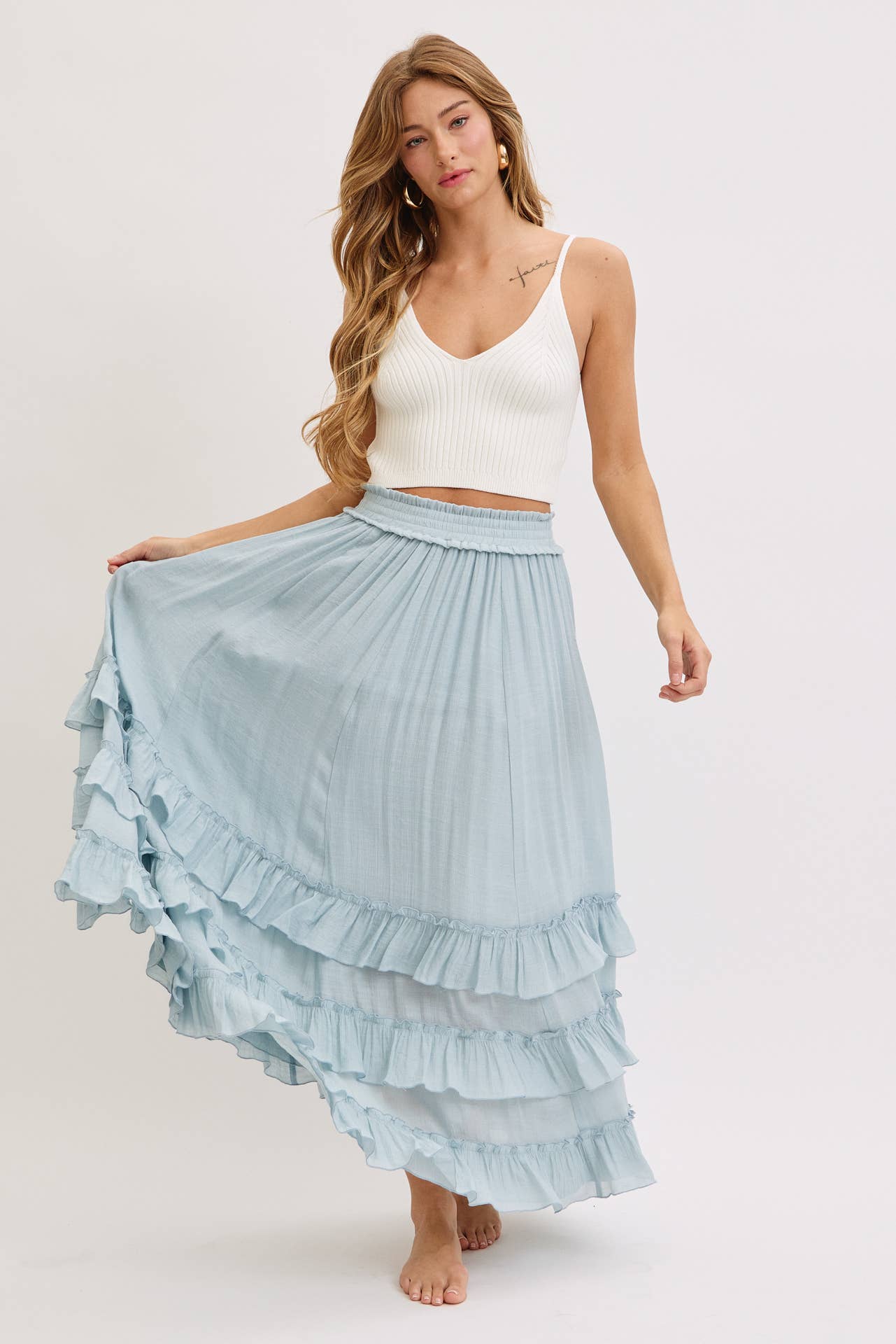 EASY FLOWY TIERED RUFFLE MAXI SKIRT