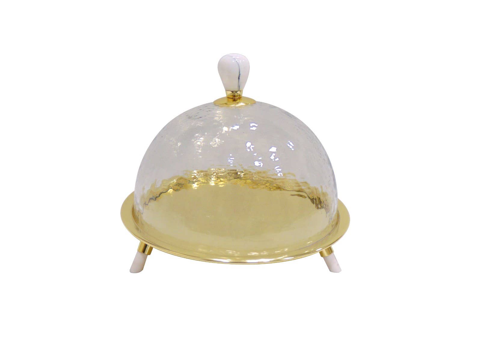 Glass Cake Dome Gold Tray on Marble Legs, 11"D