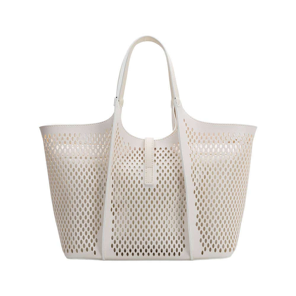 Malia Ivory Laser Cut Vegan Leather Tote Bag Pre-Order 3/30