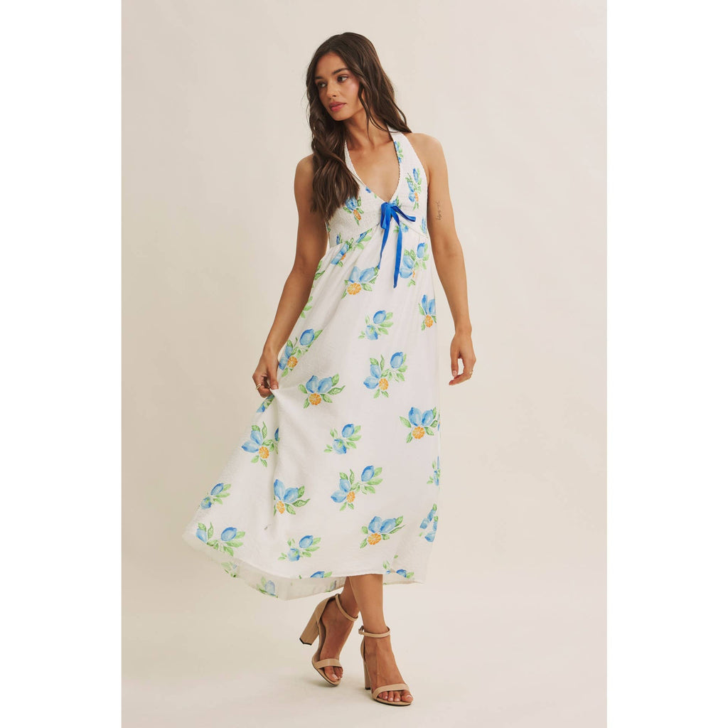 AMALFI COAST VIBE SMOCKED FLARE HALTER LEMON MIDI DRESS