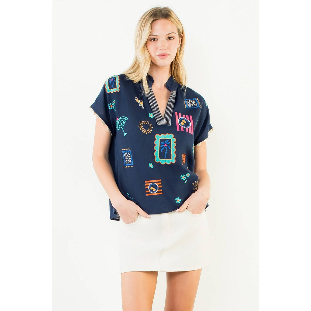 Short Sleeve Embroidery Detail Top