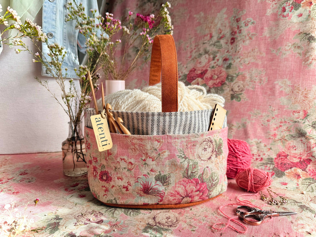 Rosewood Caddy– Handmade USA Floral Yarn & Notions Organizer, Atenti Project Bag