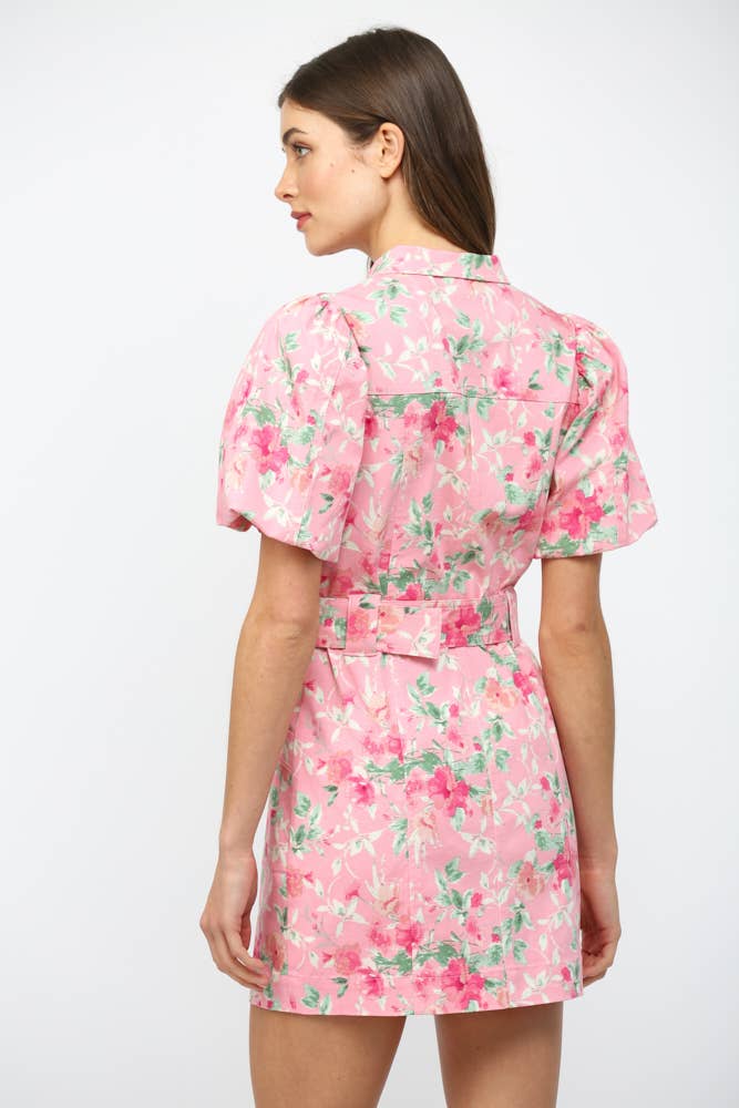 FLORAL PRINT BELTED  BUTTON DOWN MINI DRESS FD30553