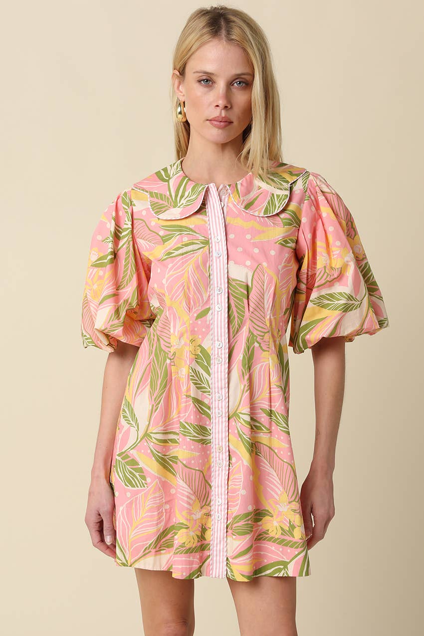 Nia Tropical Puff Sleeve Mini Dress