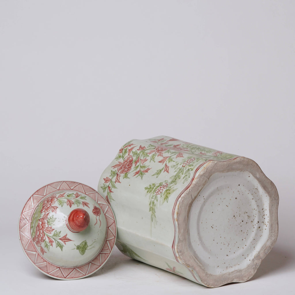 Pink and Green Porcelain Golden Pheasant Ribbed Lidded Jar