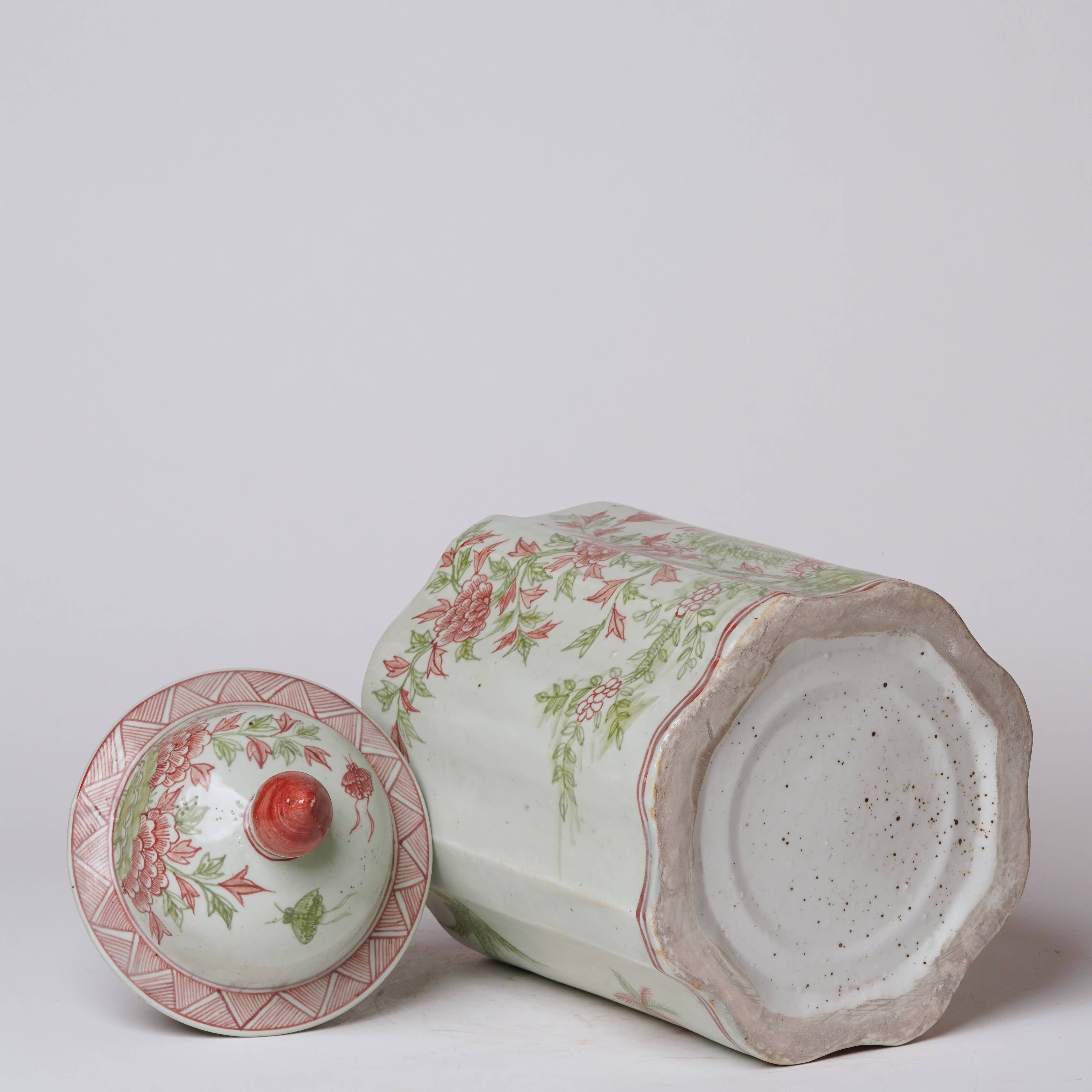 Pink and Green Porcelain Golden Pheasant Ribbed Lidded Jar