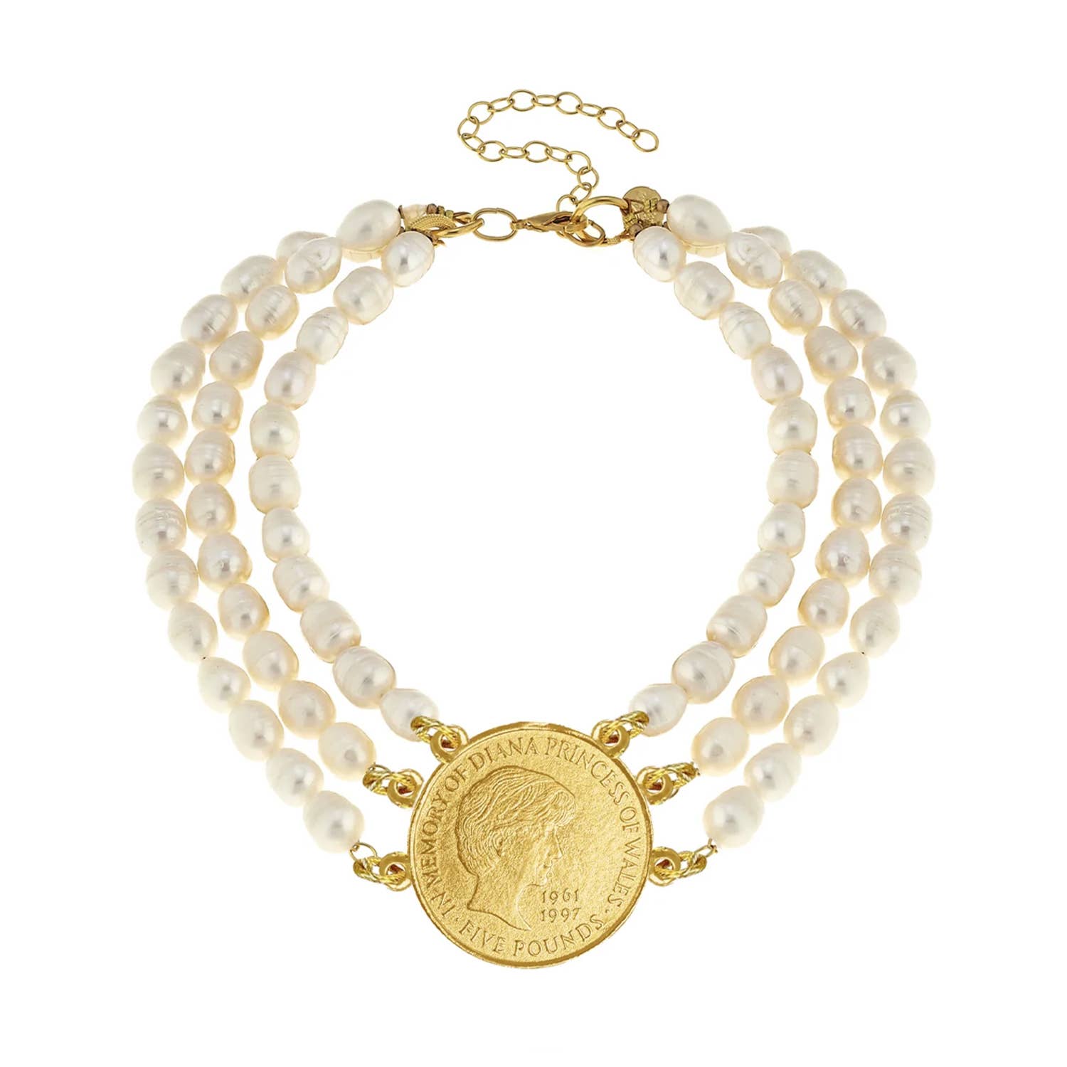 Triple Strand Freshwater Pearl Princess Diana Coin Necklace
