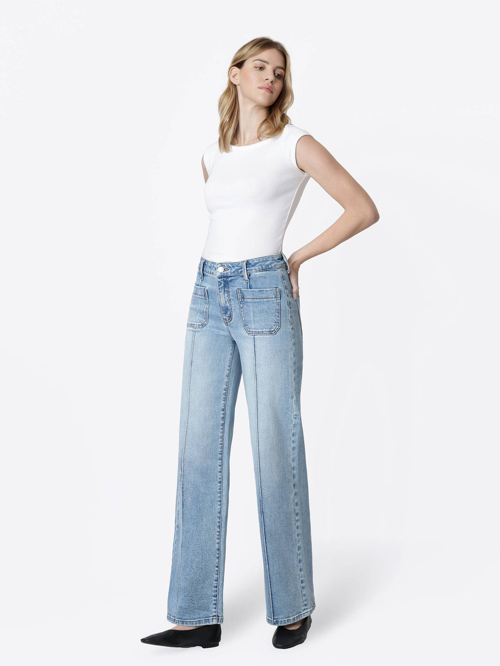 HIGH RISE PATCH POCKET PINTUCK WIDE JEANS LV2406