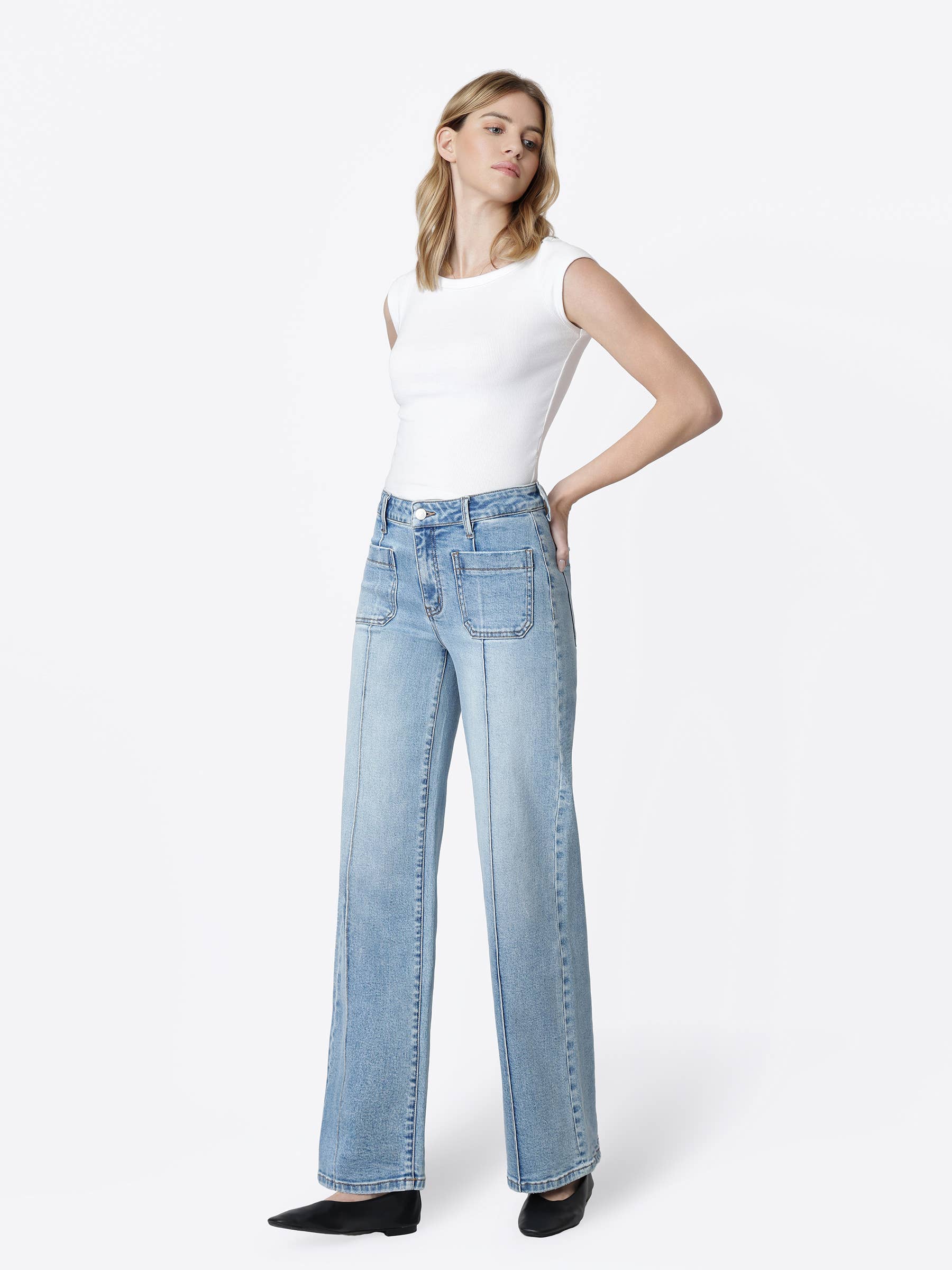 HIGH RISE PATCH POCKET PINTUCK WIDE JEANS LV2406