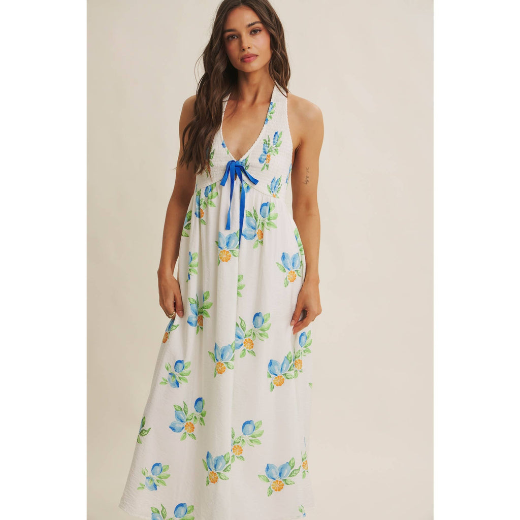 AMALFI COAST VIBE SMOCKED FLARE HALTER LEMON MIDI DRESS