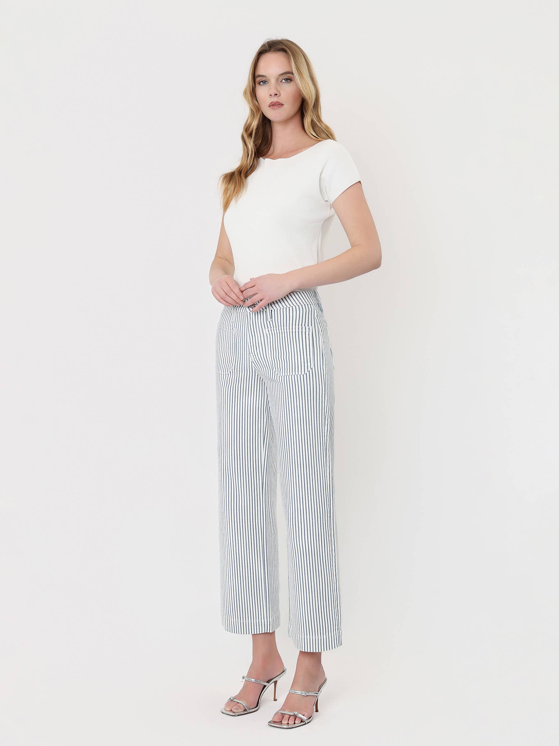 HIGH RISE PATCH POCKET CROP STRIPED WIDE LEG JEANS LV2292STR