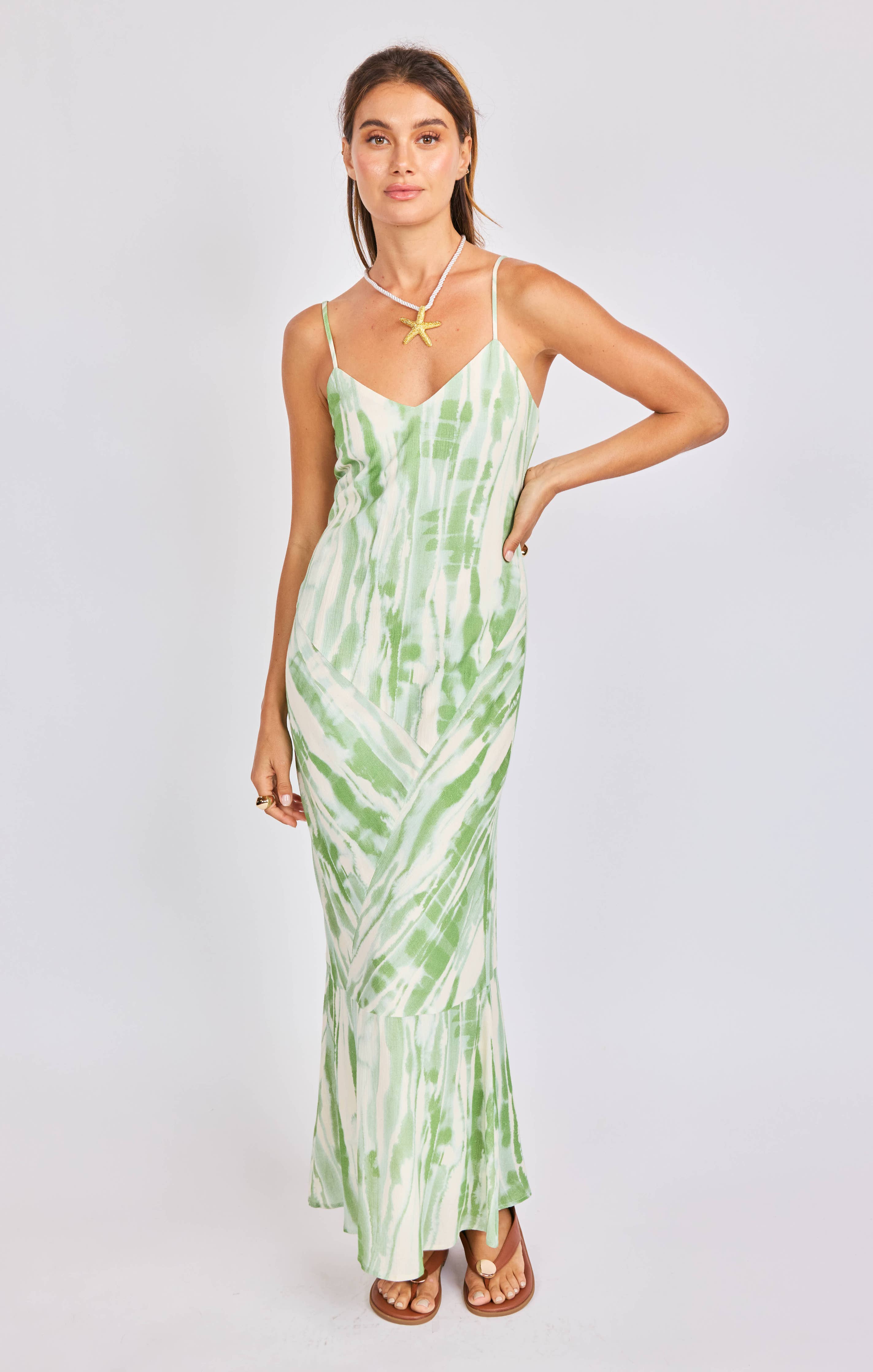 Tropical Storm Slip Dress:GREEN IVORY