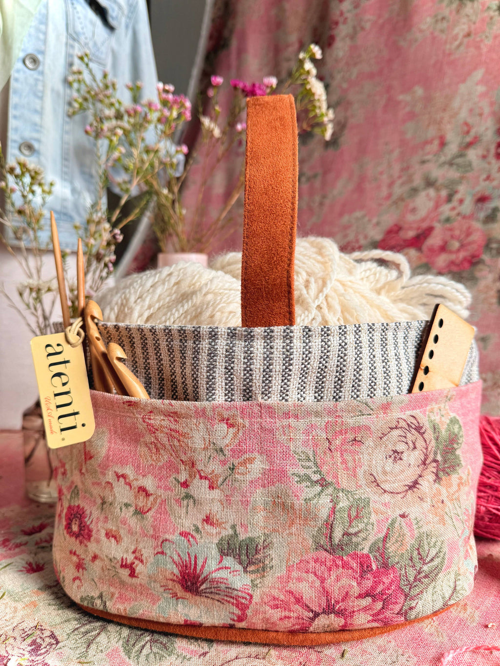 Rosewood Caddy– Handmade USA Floral Yarn & Notions Organizer, Atenti Project Bag