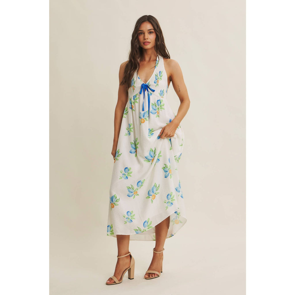 AMALFI COAST VIBE SMOCKED FLARE HALTER LEMON MIDI DRESS