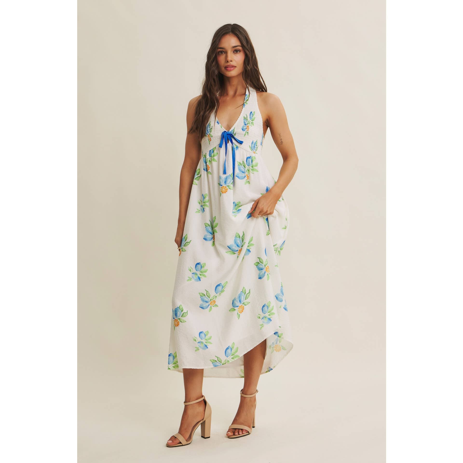 AMALFI COAST VIBE SMOCKED FLARE HALTER LEMON MIDI DRESS