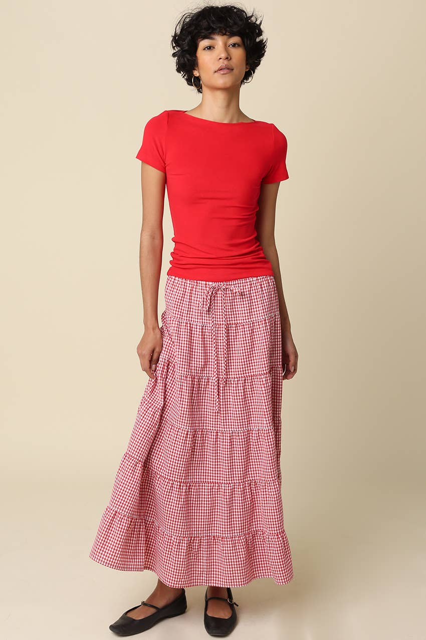 Jasmine Gingham Drawstring Tiered Maxi Skirt