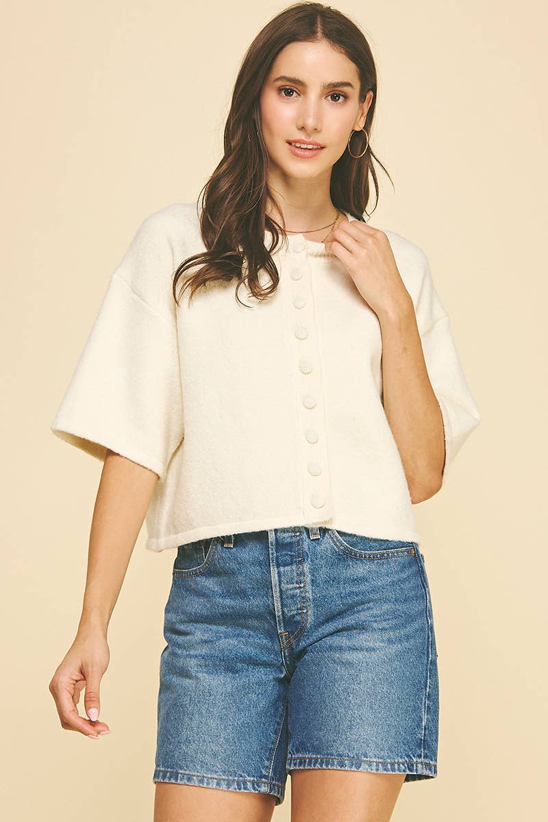 BUTTON DOWN SHORT SLEEVE SWEATER - 6752W