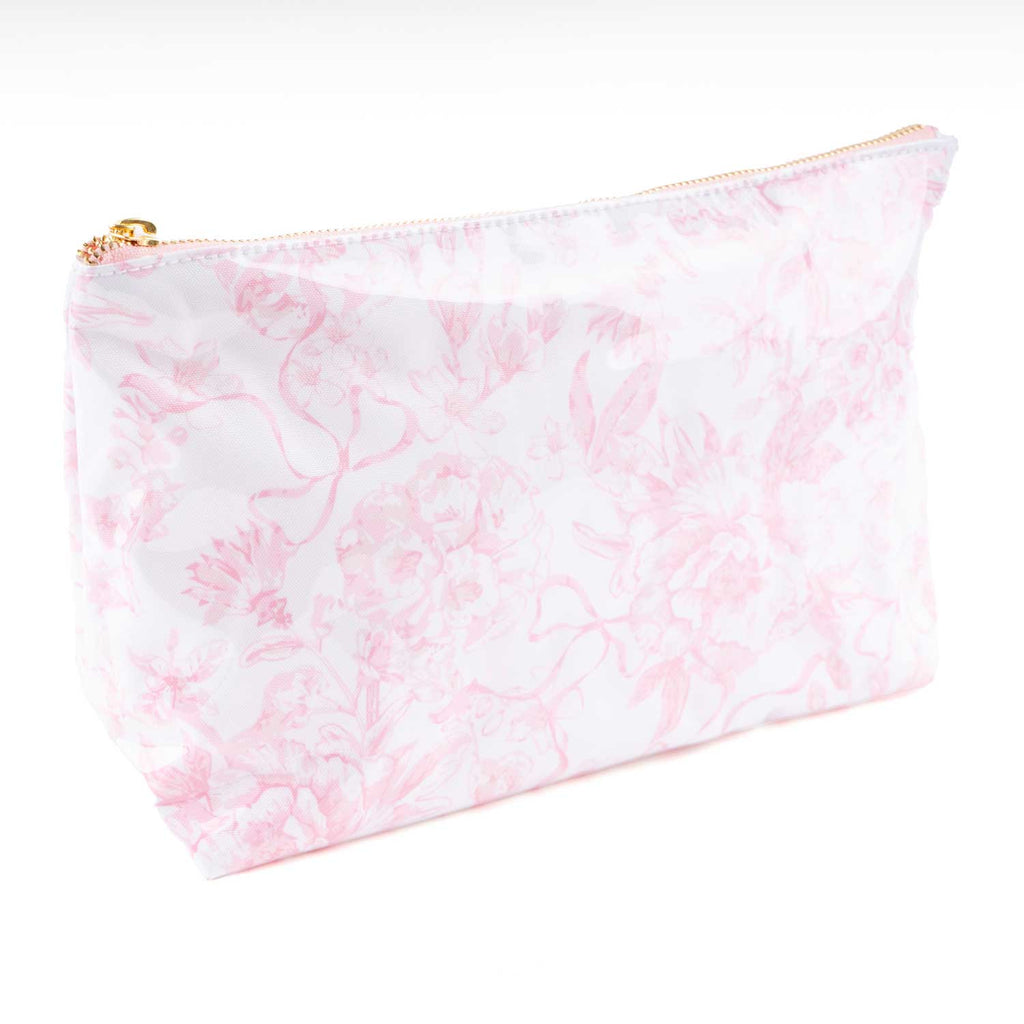 Pink Bow Toile Clear Coated Travel Cosmetic Case