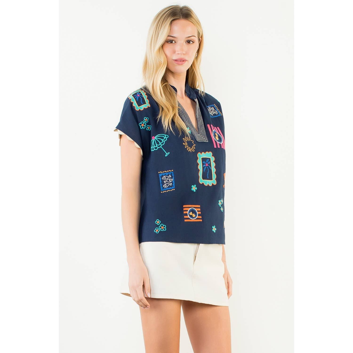 Short Sleeve Embroidery Detail Top