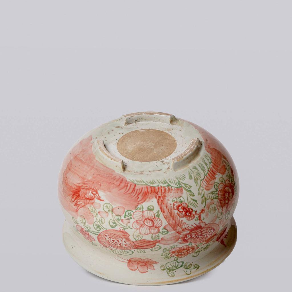 Rustic Bird & Flower Pink & Green Porcelain Bulbous Cachepot