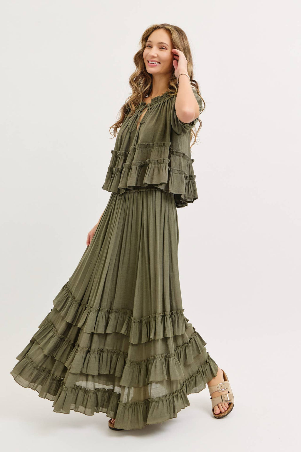 EASY FLOWY TIERED RUFFLE MAXI SKIRT
