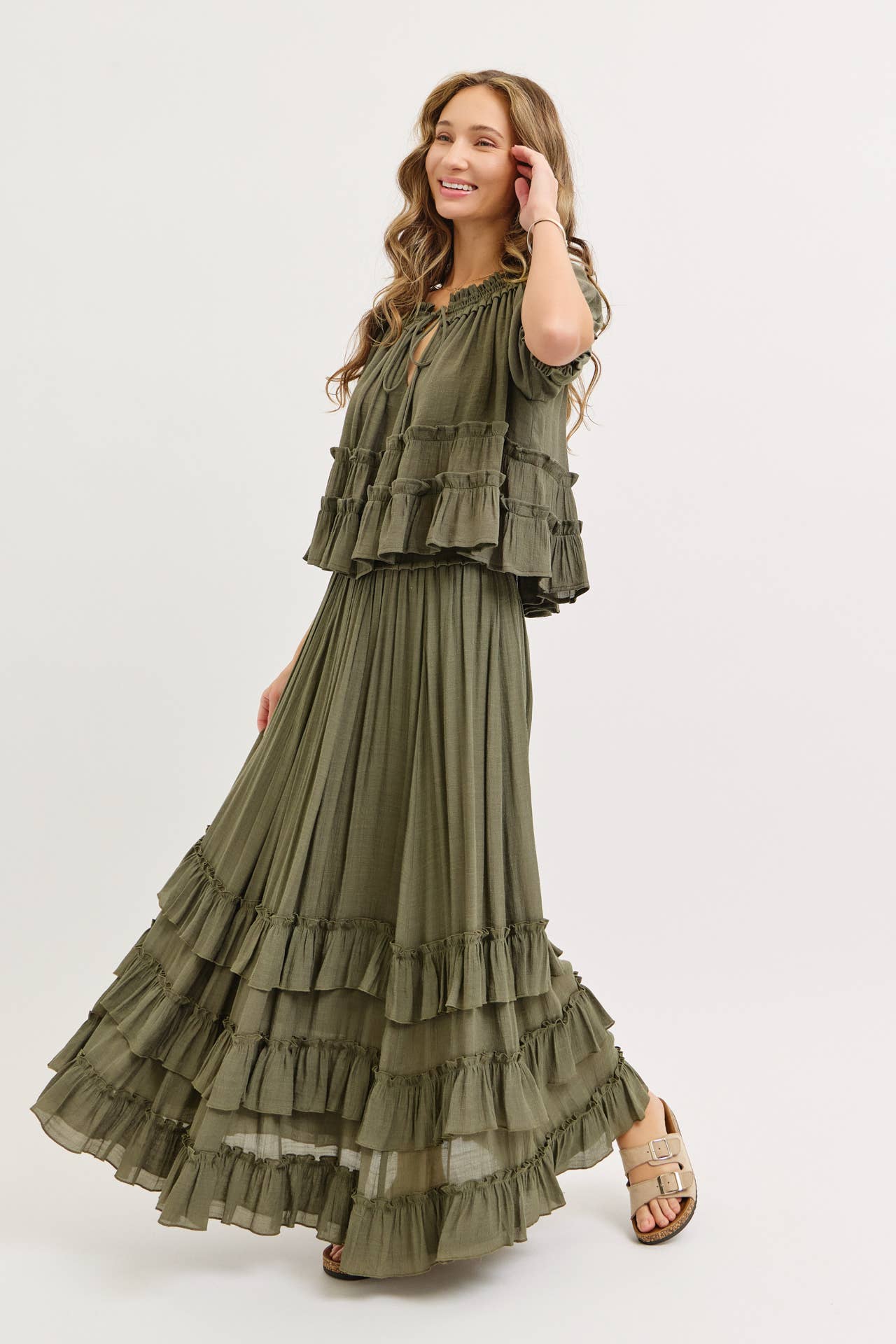 EASY FLOWY TIERED RUFFLE MAXI SKIRT