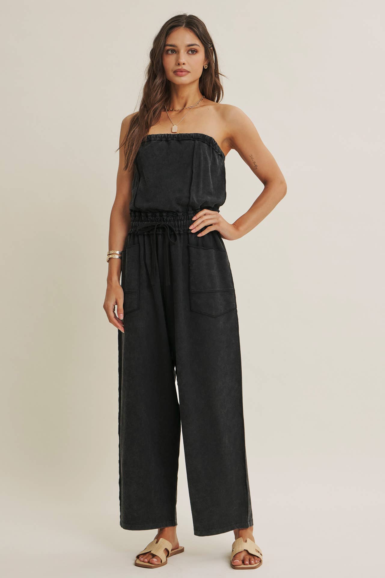 BEACH TOWN WEEKEND MINERAL-WASHED STRAPLESS JUMPSUIT
