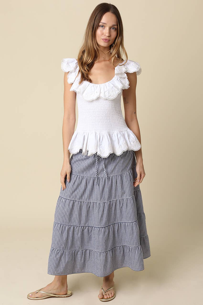 Jasmine Gingham Drawstring Tiered Maxi Skirt