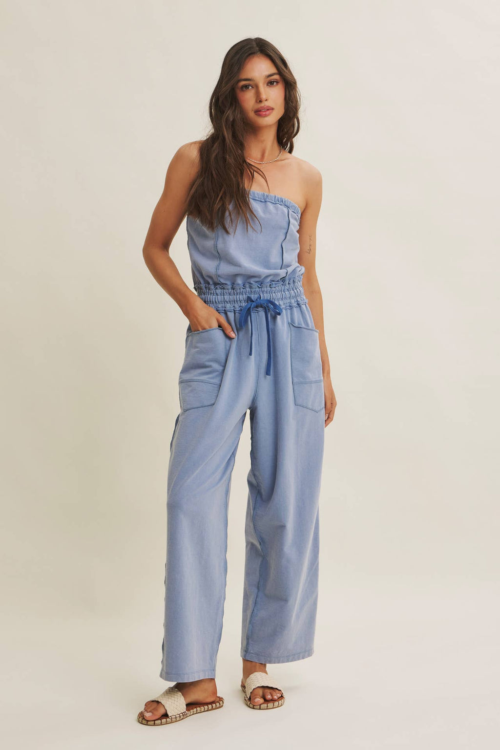 BEACH TOWN WEEKEND MINERAL-WASHED STRAPLESS JUMPSUIT