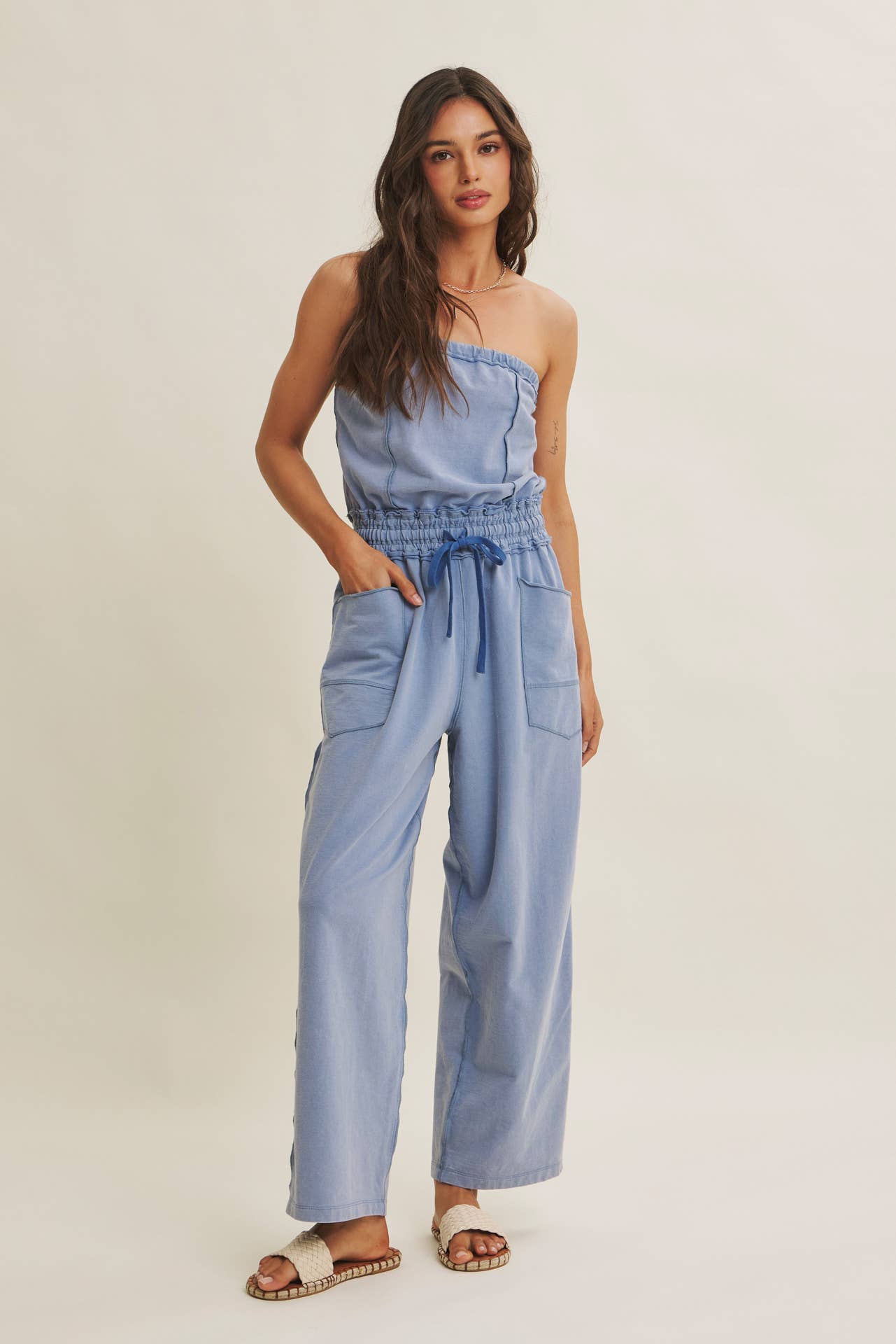 BEACH TOWN WEEKEND MINERAL-WASHED STRAPLESS JUMPSUIT