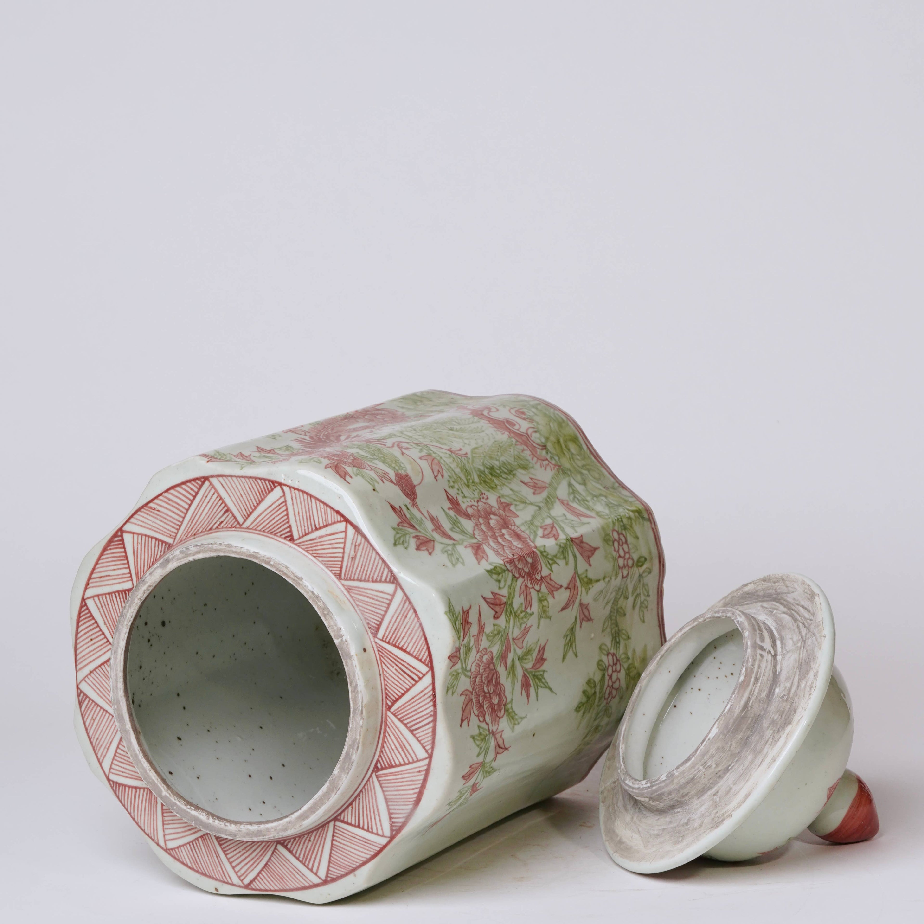 Pink and Green Porcelain Golden Pheasant Ribbed Lidded Jar