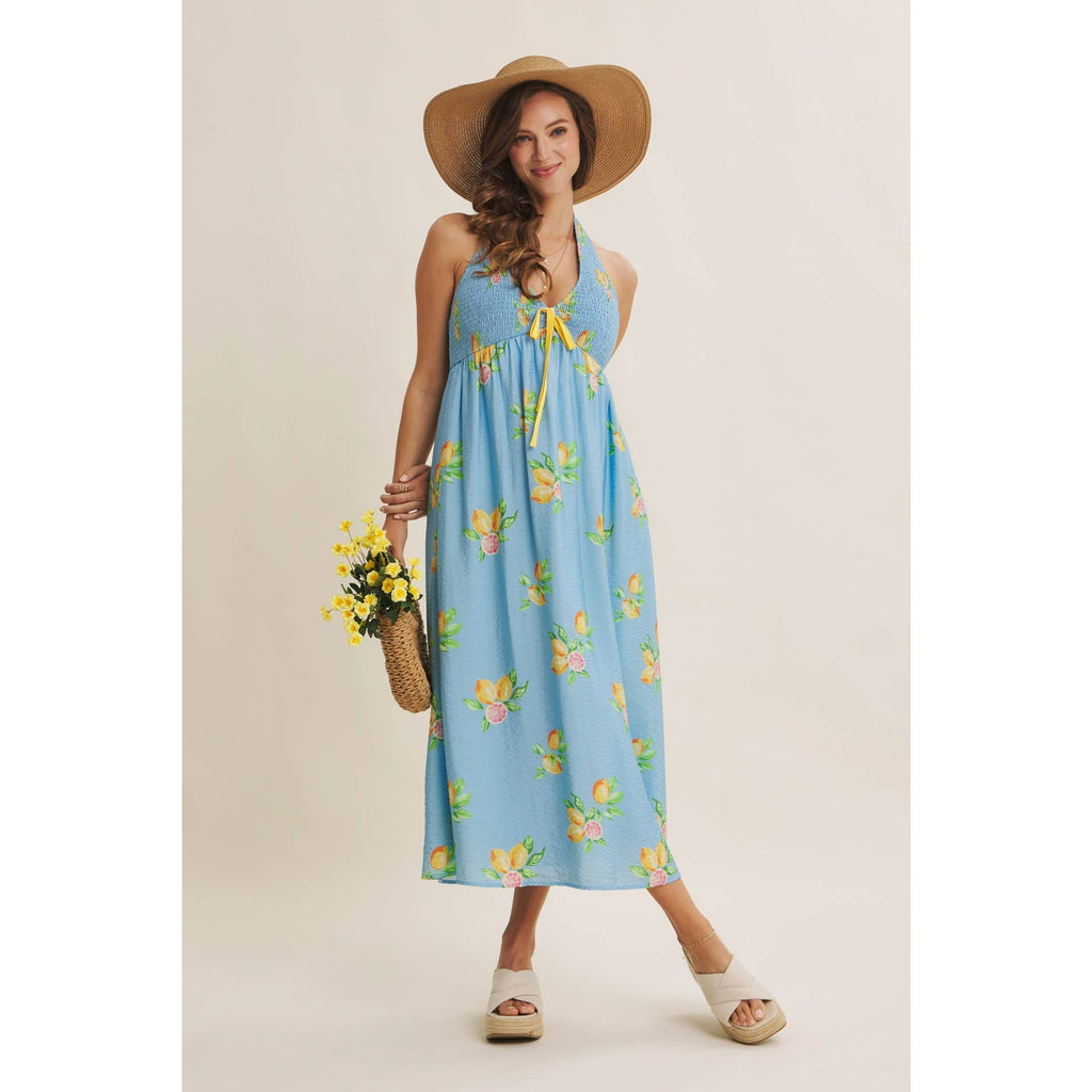 AMALFI COAST VIBE SMOCKED FLARE HALTER LEMON MIDI DRESS