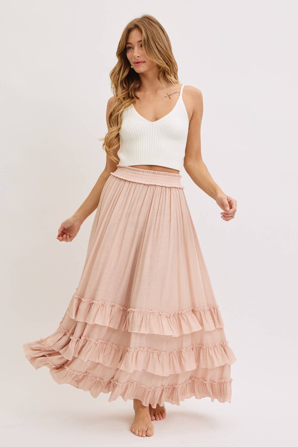 EASY FLOWY TIERED RUFFLE MAXI SKIRT