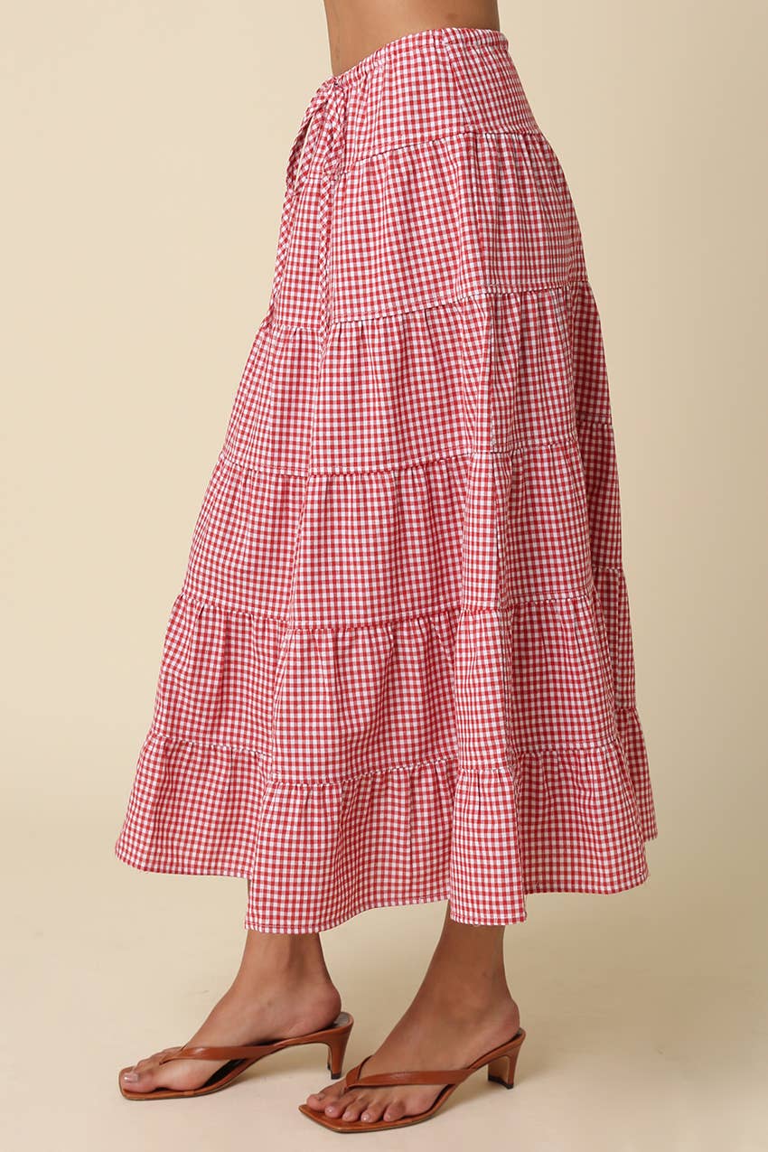 Jasmine Gingham Drawstring Tiered Maxi Skirt
