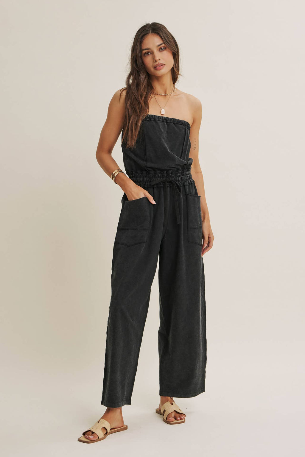 BEACH TOWN WEEKEND MINERAL-WASHED STRAPLESS JUMPSUIT