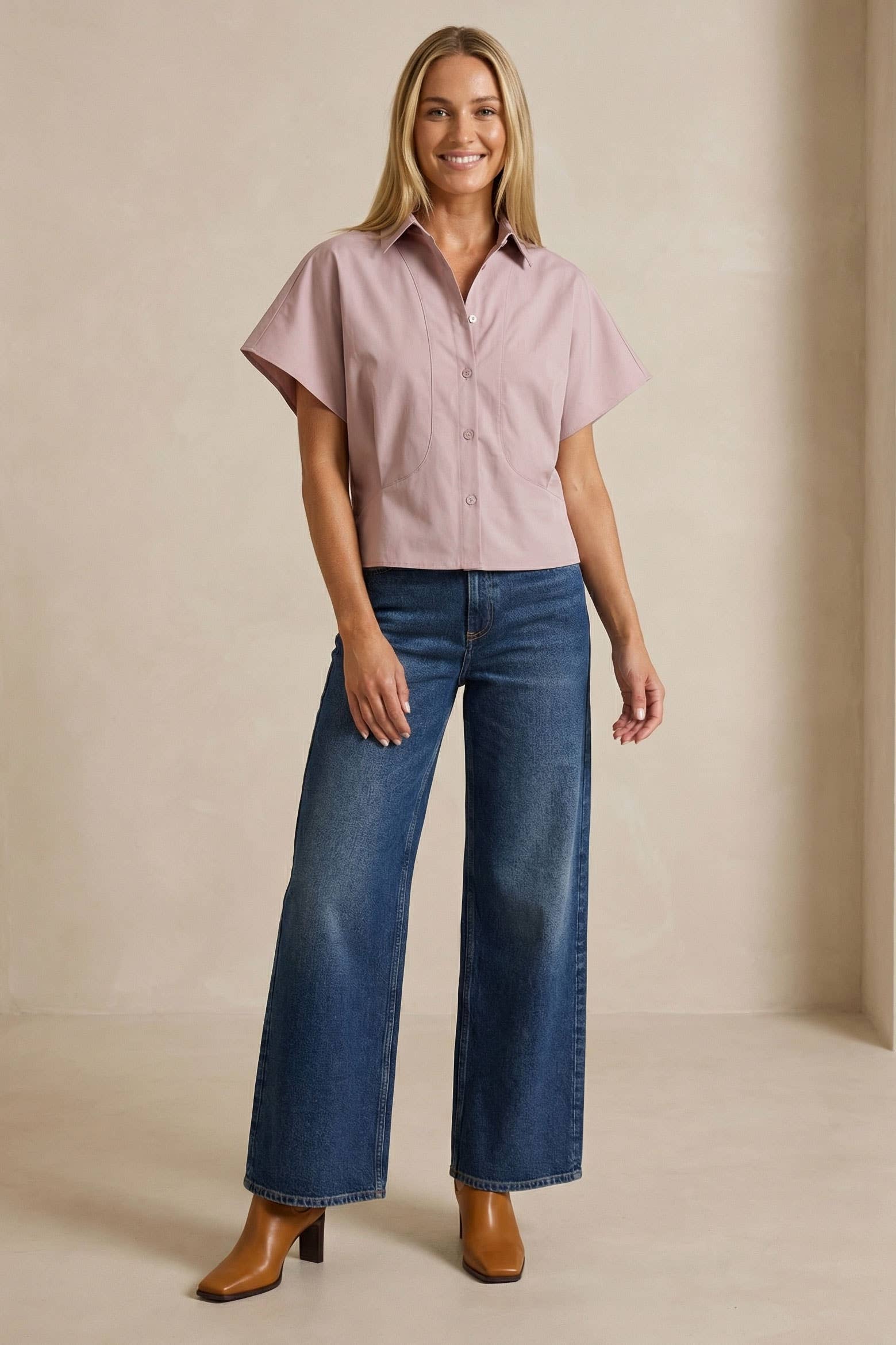 Tailored Taffeta Short Sleeve Blouse